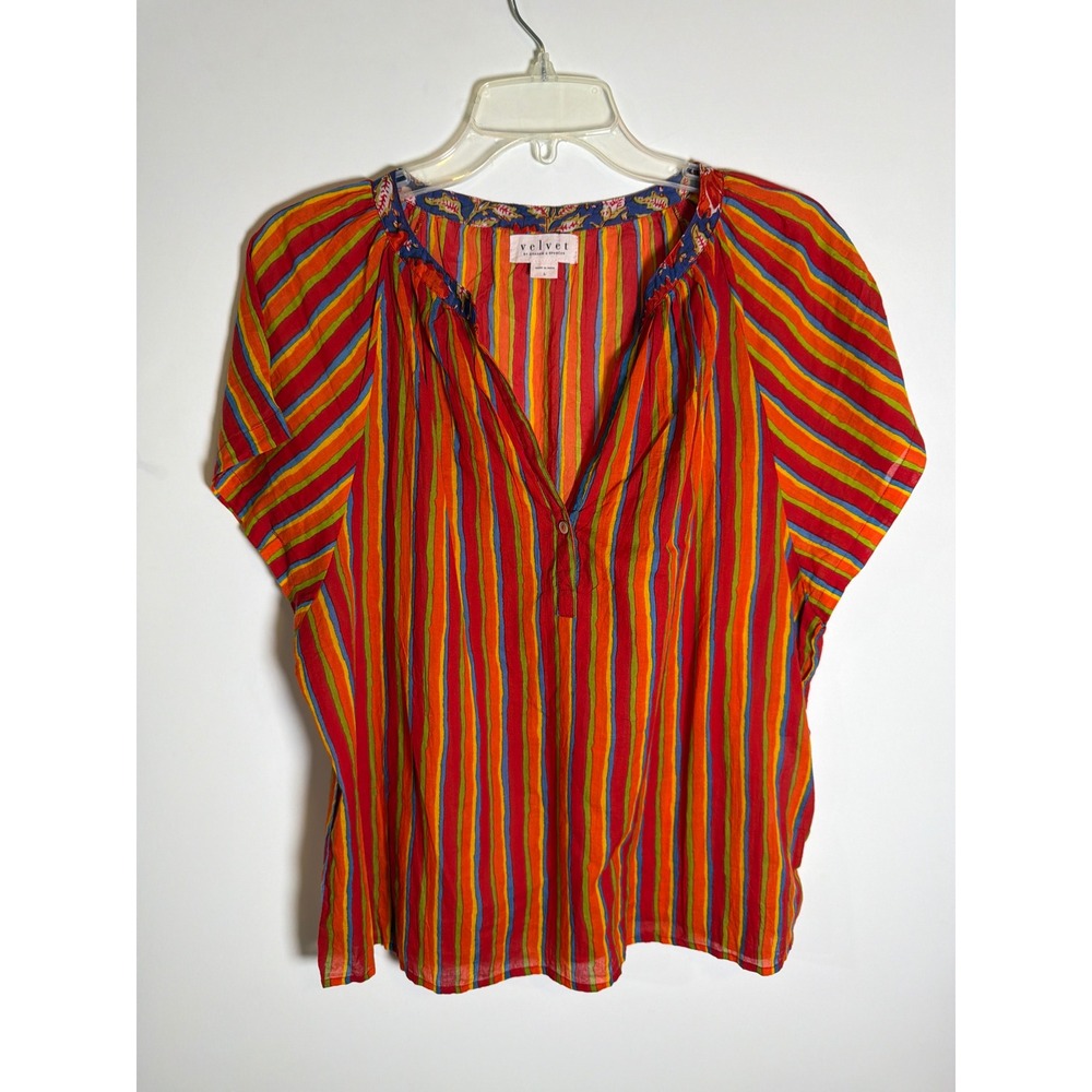 Velvet by Graham & Spencer Striped Cotton Blouse Red Orange Boho Top Large